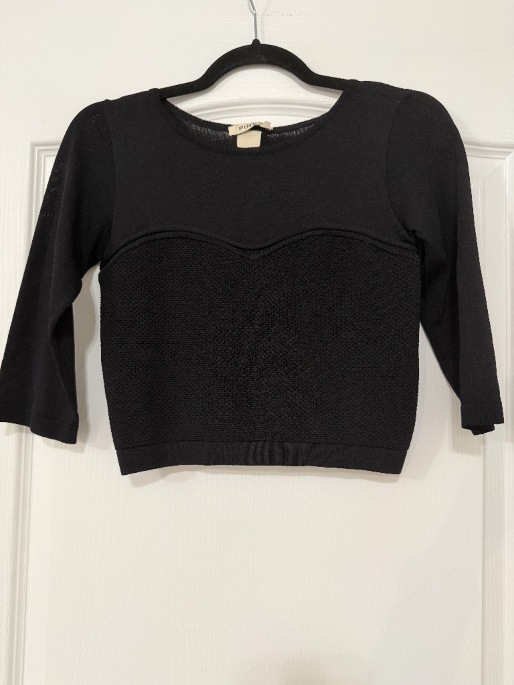 PINKO Italy Black Sweetheart Mixed Media Knit Cropped Top Size M